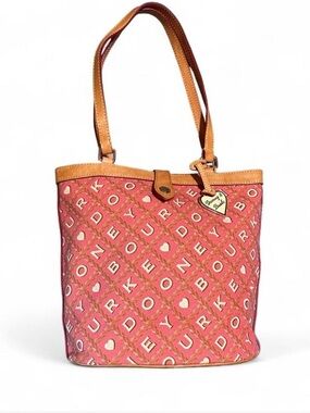 Y2K 2000s Coquette Dooney & Bourke Canvas Pink Signature Tote Hearts Tan Leather